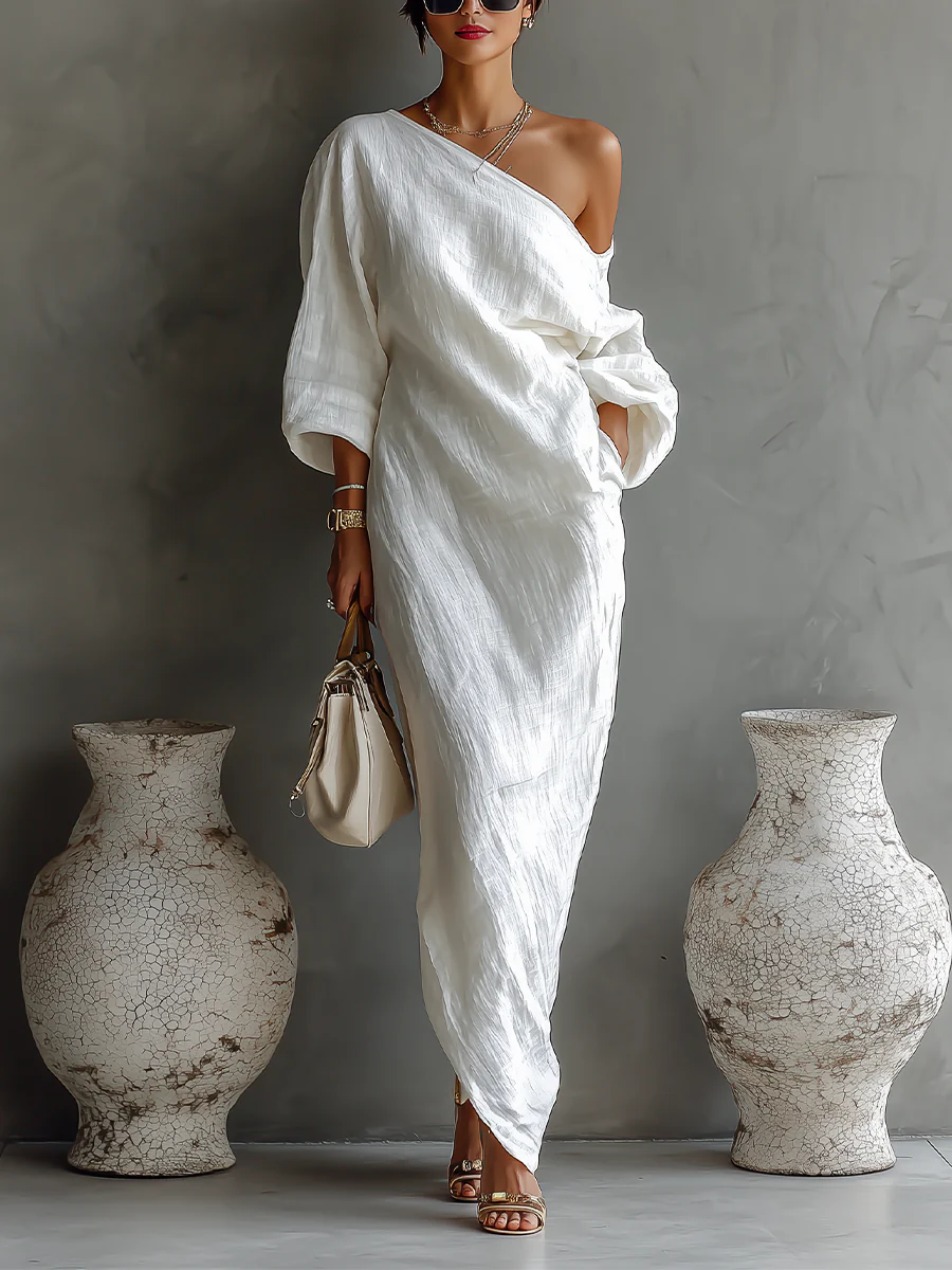 Elise™ | Elegante vestido maxi de un hombro en blanco
