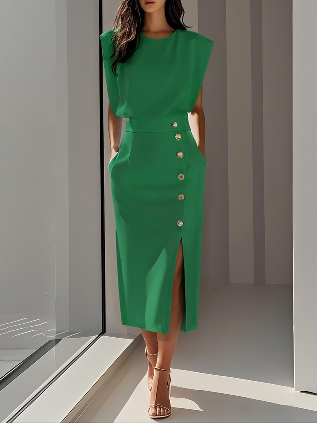 Malene™ | Vestido midi liso con abertura de botones y escote redondeado