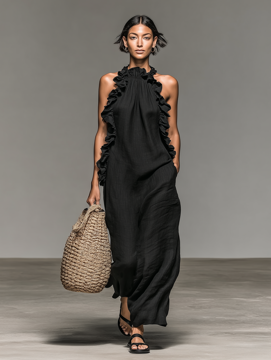 Vestido Maxi Sin Mangas en Mezcla de Lino Minimalista para Mujeres con Detalles Fruncidos MDZ1622A0Y