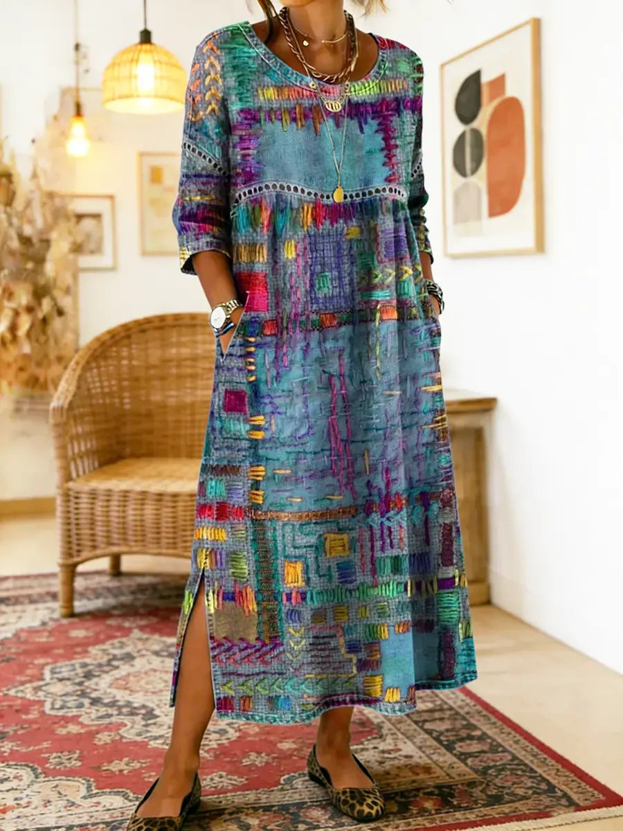 Manuela | Vestido de Denim con Patchwork Étnico