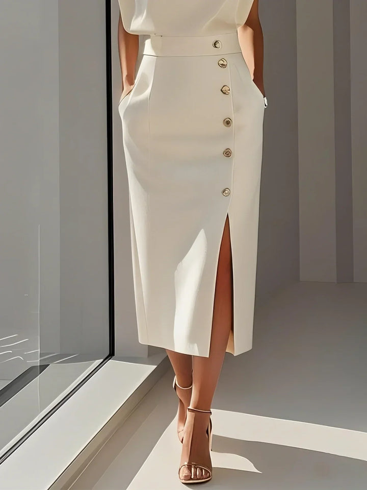 Malene™ | Vestido midi liso con abertura de botones y escote redondeado