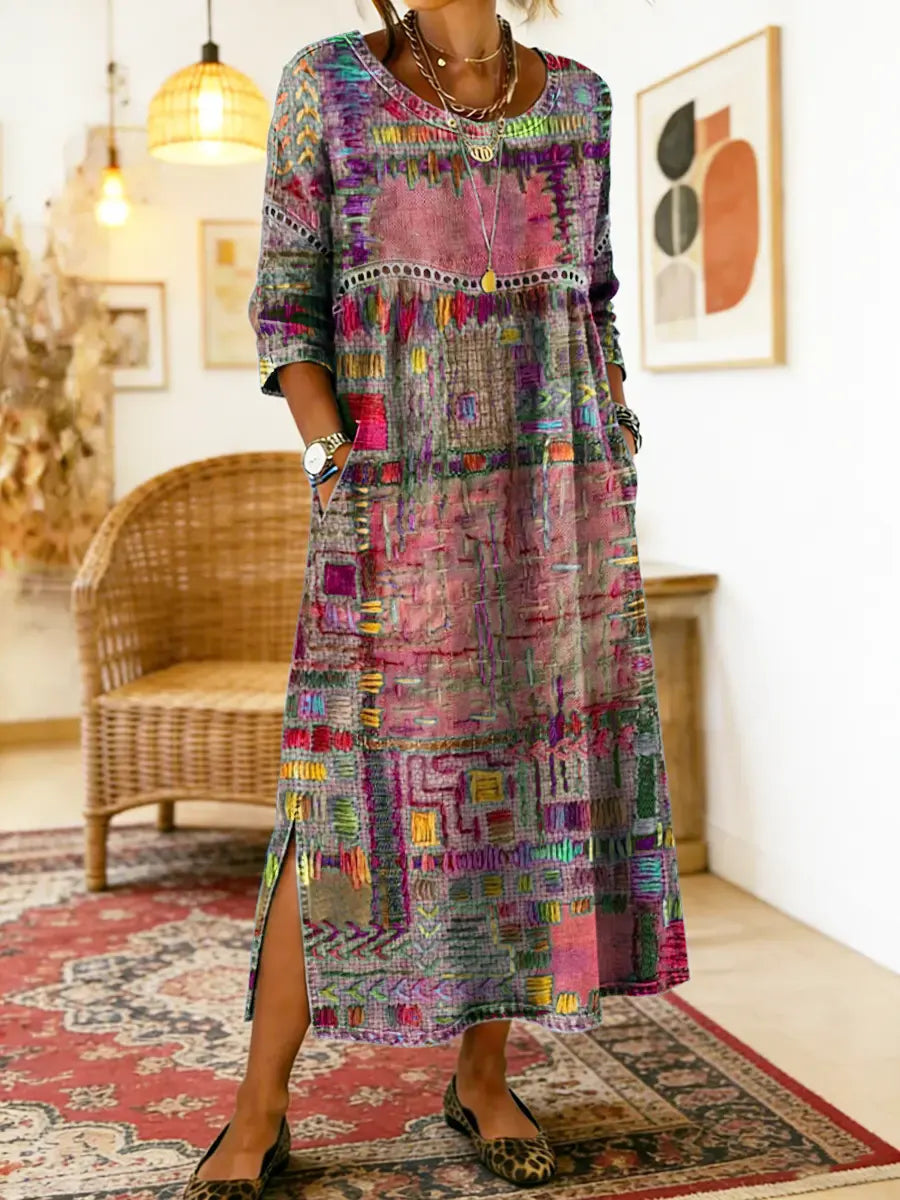 Manuela | Vestido de Denim con Patchwork Étnico