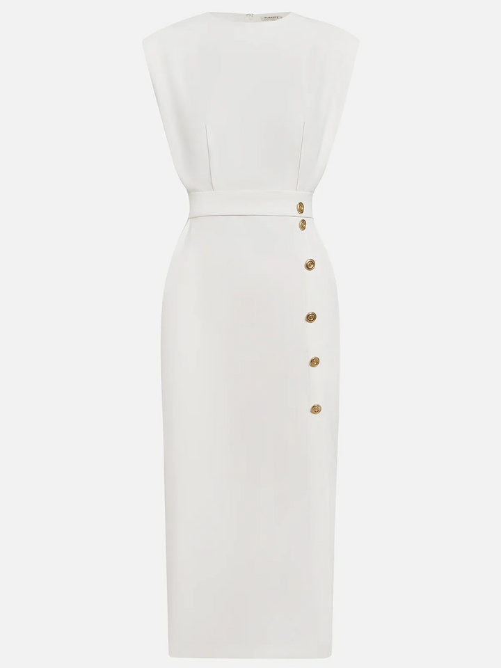 Malene™ | Vestido midi liso con abertura de botones y escote redondeado