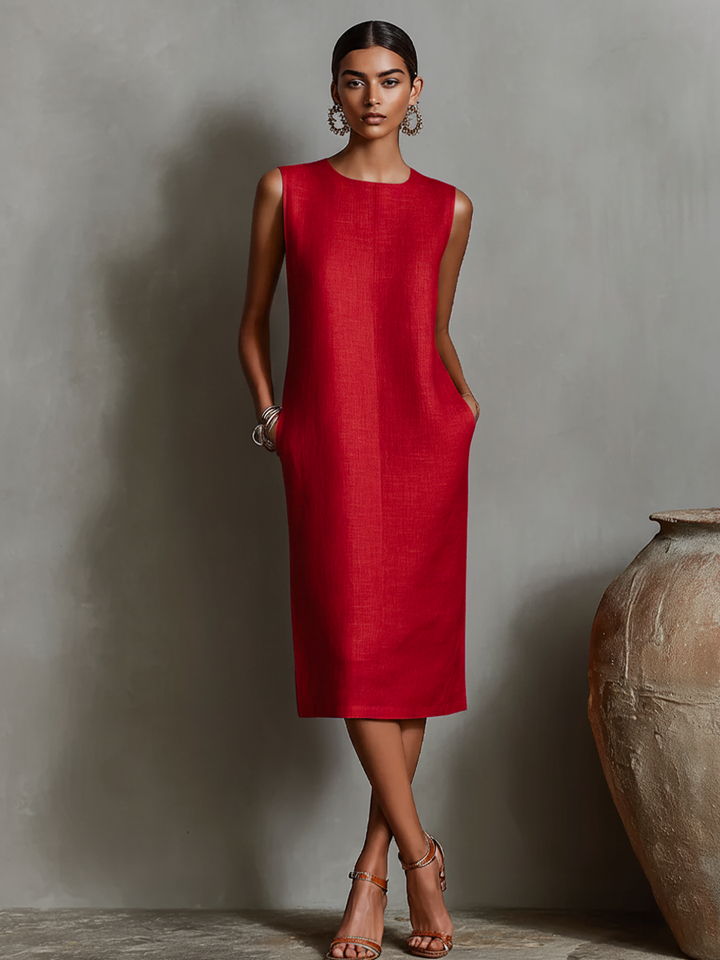 Ropa Shift de Lino Naranja para Mujeres con Cuello Redondo Sin Mangas y Bolsillos Laterales, Estilo Elegante Minimalista Atemporal MDZ2851C7I