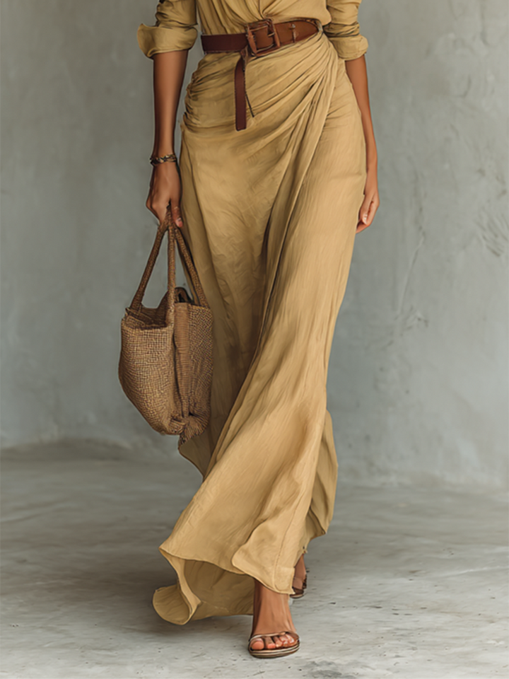 Vestido maxi con cuello de solapa y mangas largas