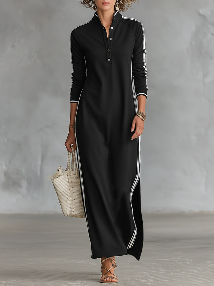 Vestido Maxi Sudadera Minimalista para Mujeres con Bordes Blancos y Botones MDA0958L0Y