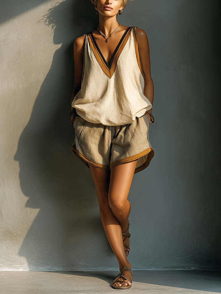 Mujer Beige Mezcla Lino Contraste Cuello V Top & Short Caqui Dos Piezas MDZ2086C2T