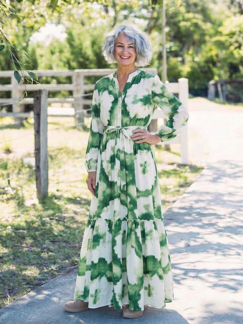 Sabine | Vestido maxi de manga larga y lazo en la cintura
