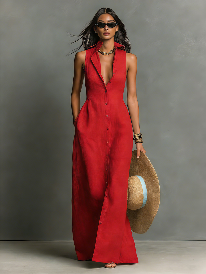 Vestido Camisa Maxi Sin Mangas con Cuello Minimalista en Mezcla de Lino para Mujeres MDZ1011C0Y