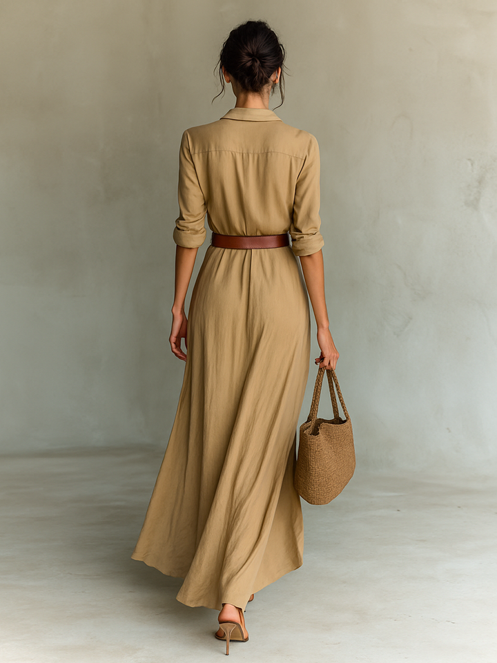 Vestido maxi con cuello de solapa y mangas largas