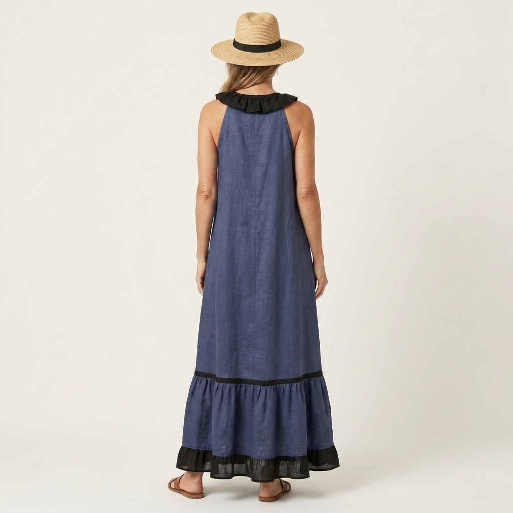 Mayline | Vestido Maxi Sin Mangas con Cuello Volante Contrastado