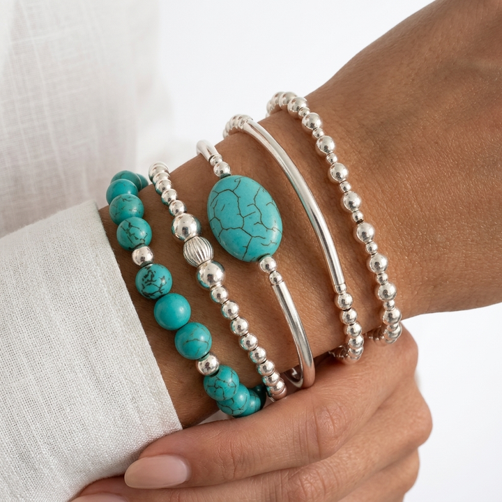 Turquéline™ — Conjunto de pulseras con perlas turquesas y plata bohemia