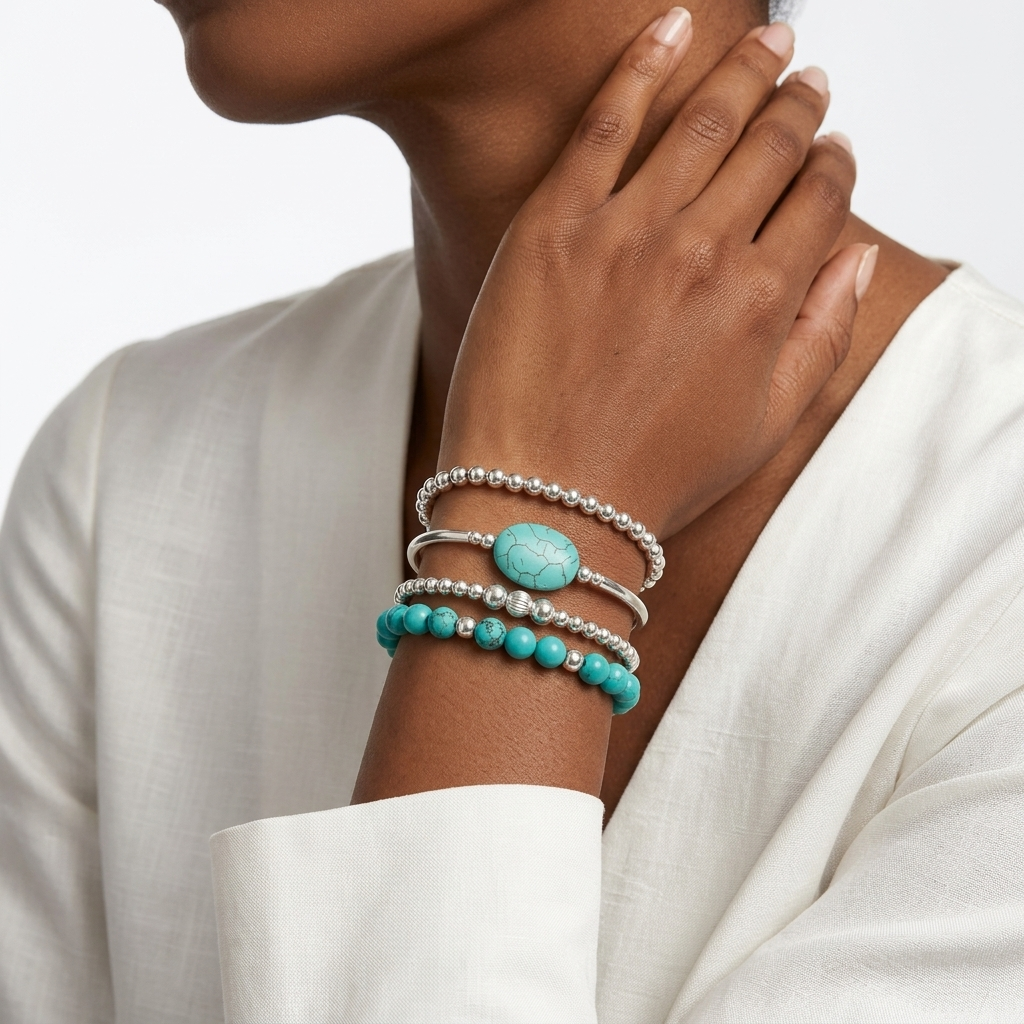 Turquéline™ — Conjunto de pulseras con perlas turquesas y plata bohemia