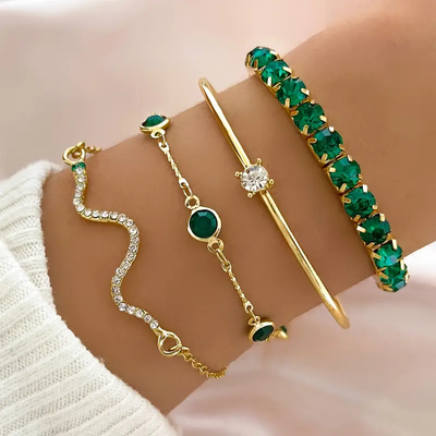 Conjunto de pulseras vintage con zirconia verde