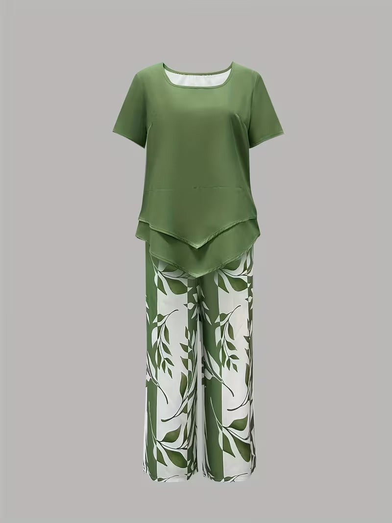 Avy™ | Conjunto de dos piezas casual con estampado de hojas