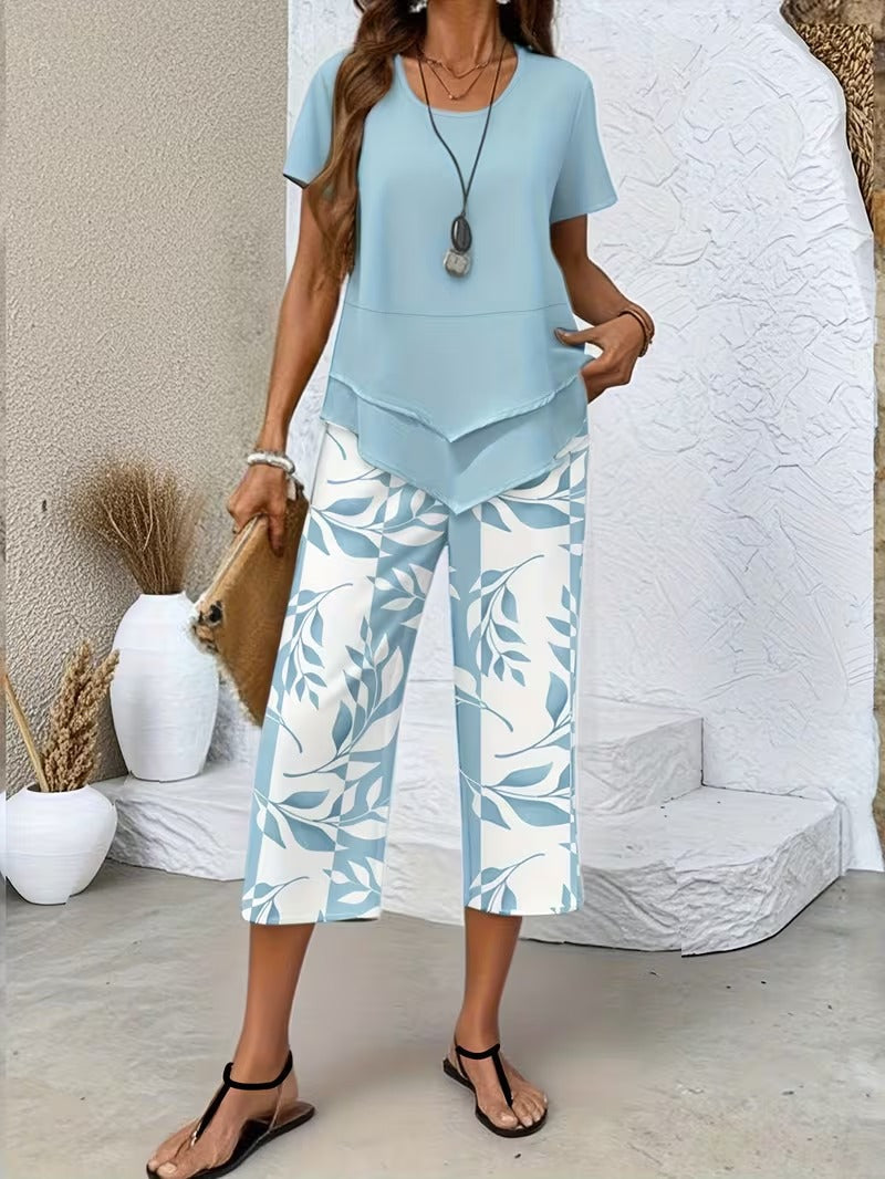 Avy™ | Conjunto de dos piezas casual con estampado de hojas