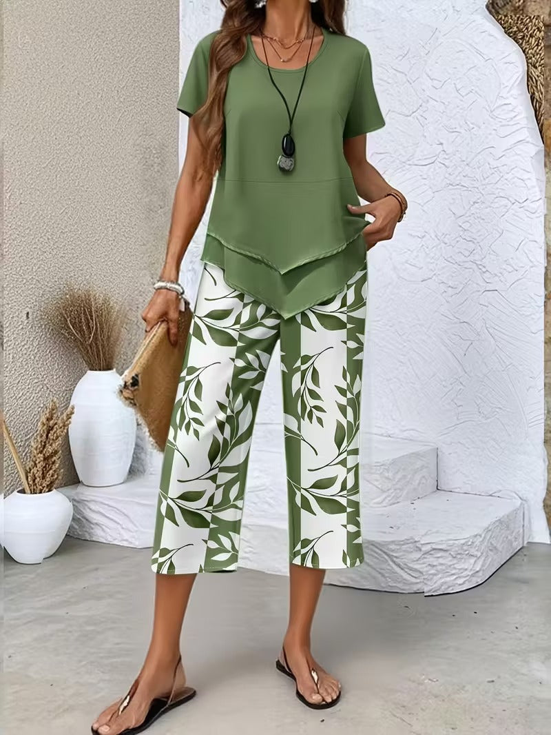 Avy™ | Conjunto de dos piezas casual con estampado de hojas