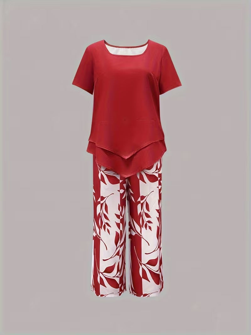 Avy™ | Conjunto de dos piezas casual con estampado de hojas