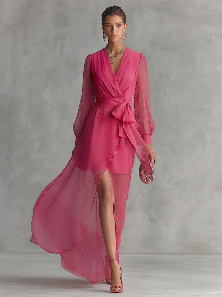 Ropa Larga Elegante de Chiffón Rosa con Perlas para Mujeres, Escote en V, Cintura Ceñida MDZ1925A7BA