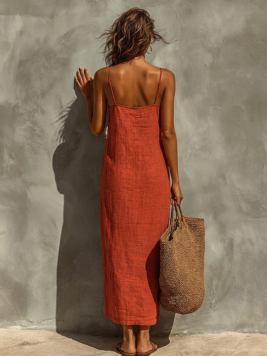 Robe Roja de Algodón para Mujeres con Tirantes Espagueti y Escote Cuadrado, Vestido de Estilo Boho-Resort Atemporal MDZ0924C3I