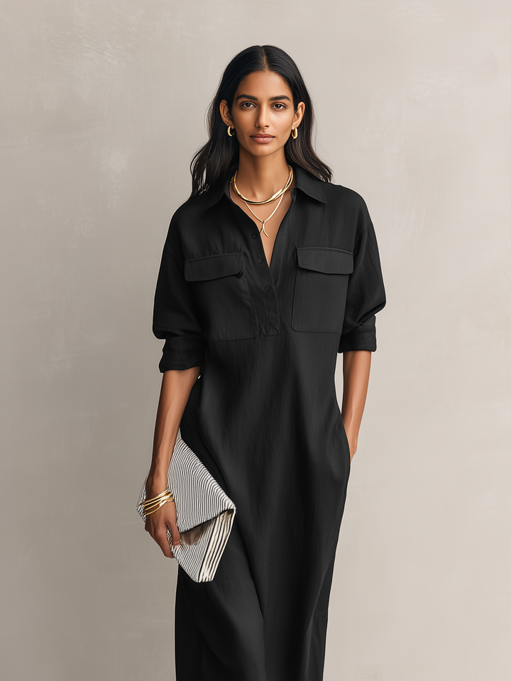 Ropa Midi Elegante Mujer en Mezcla de Algodón-Lino Negro con Cuello de Camisa y Mangas Cortas MDZ0455C2AN
