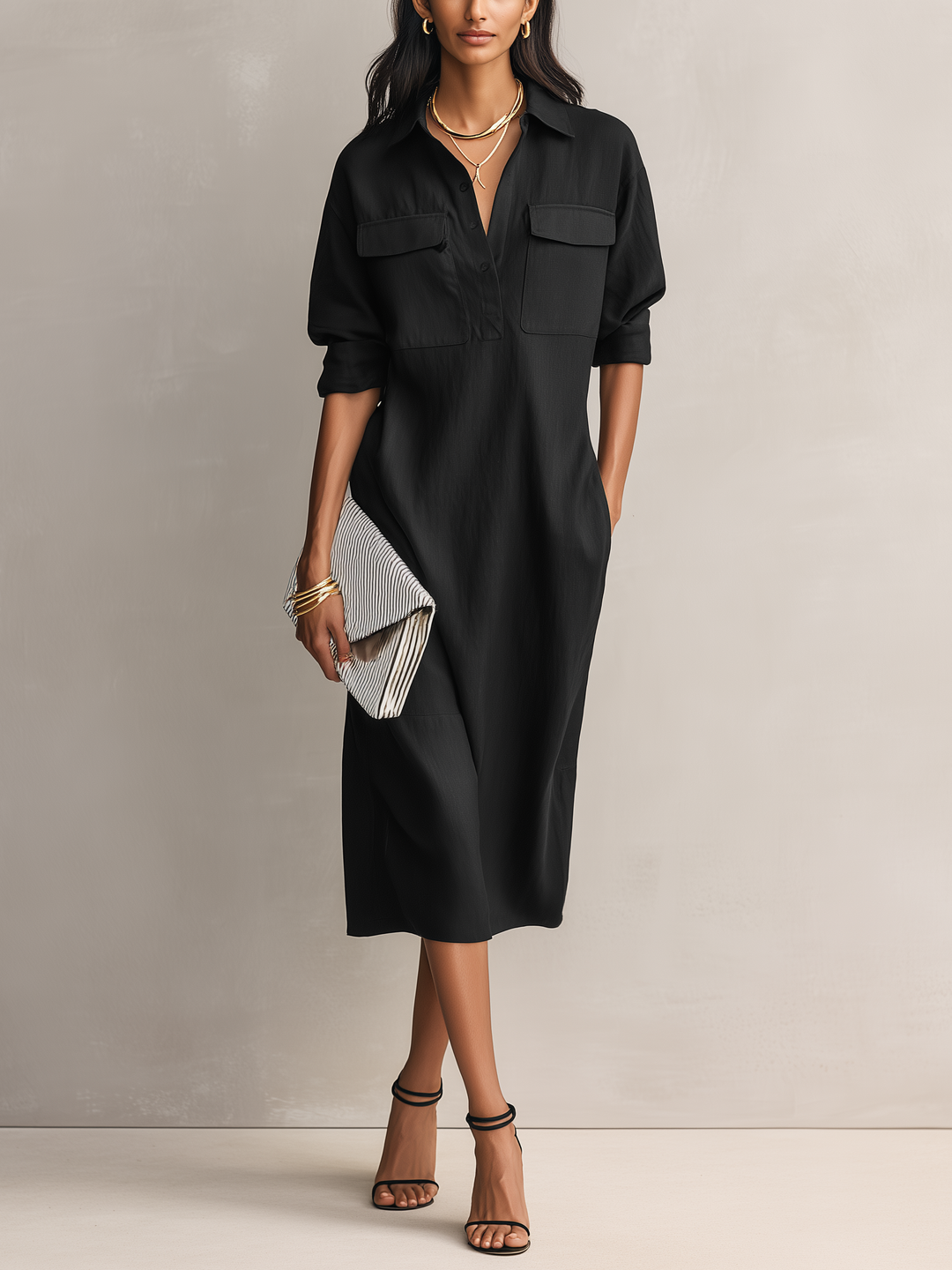 Ropa Midi Elegante Mujer en Mezcla de Algodón-Lino Negro con Cuello de Camisa y Mangas Cortas MDZ0455C2AN