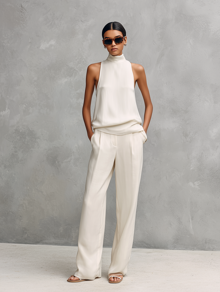 Conjunto de Top y Pantalón Sin Mangas de Algodón y Lino Negro Elegante para Mujeres MDZ1441A4AN