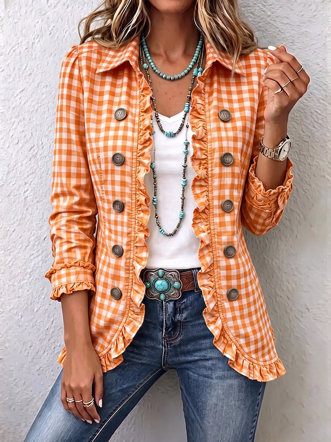 Evelyn | Chaqueta a cuadros con volantes y botones