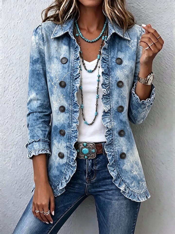 Sofia | Chaqueta con volantes de estilo boho con impresión botánica vintage degradada