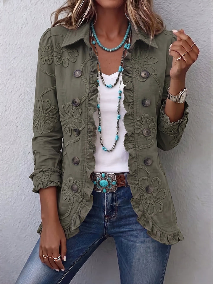 Olivia | Chaqueta Utilitaria Bordada con Flores Boho-Chic y Volantes