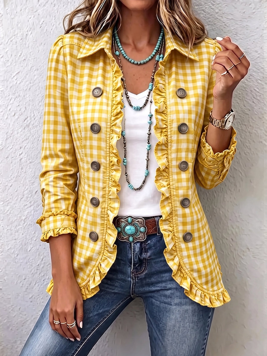 Evelyn | Chaqueta a cuadros con volantes y botones