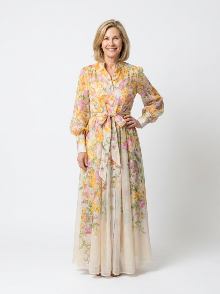 Cressida | Vestido maxi floral y transparente con mangas largas