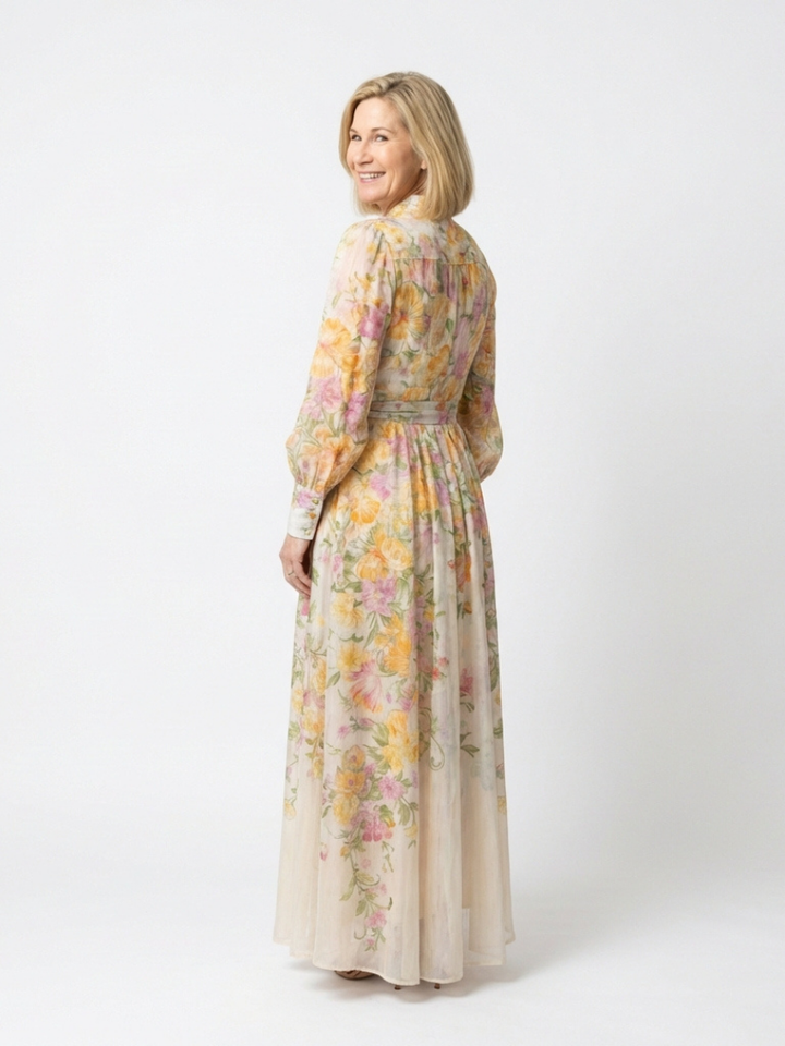 Cressida | Vestido maxi floral y transparente con mangas largas