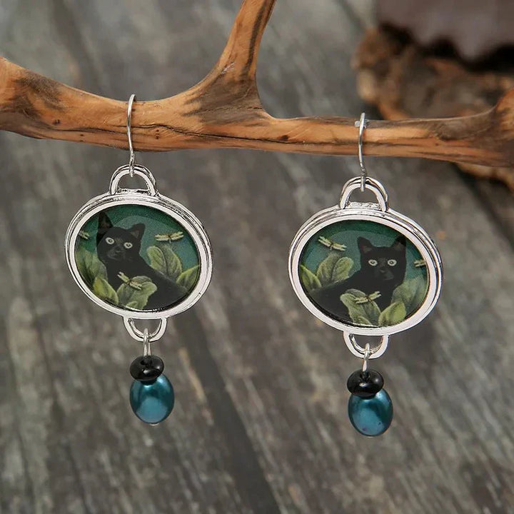 Pendientes colgantes vintage tropicales en forma de gato negro